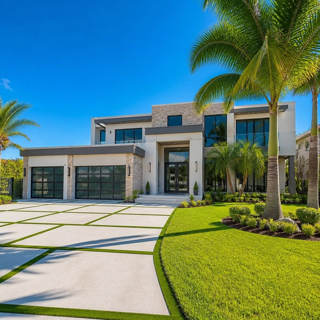 Modern white and stone house with a garage and palm trees